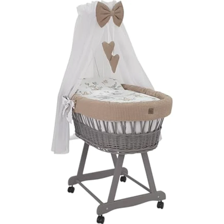 Wiklinopol Stubenwagen aus Weide mit Baldachin und Gestell Lena – Moseskorb in Grau, Komplettset mit 5-TLG. Waffel-Bettwäsche Safari Beige – Mit Rollen, Tragbar, Sicher – Bild 1