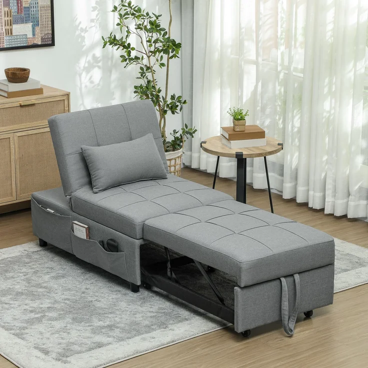 3-in-1 Klappsessel mit Seitentasche, Gästebett mit Kissen, verstellbarer Rückenlehne, Bettsessel mit Rollen, Hellgrau--Hellgrau--104x65.5x81cm--YOUDENOVA – Bild 4