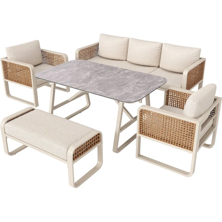 Merax Gartenlounge-Set für 6-7 Personen, PE-Rattan Sitzgruppe inkl. Beistelltisch, Gartensofa mit waschbaren Kissen, Beige – Bild 9
