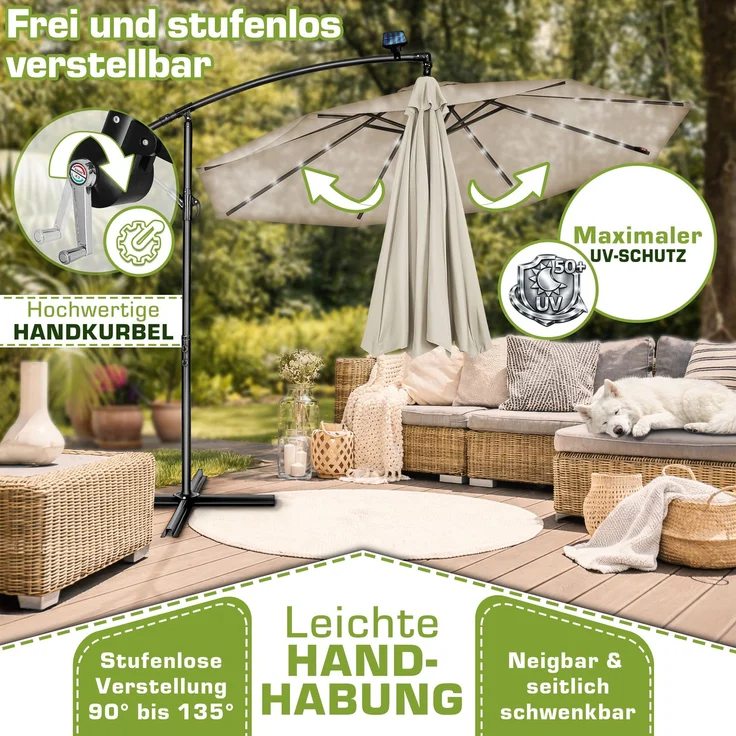 tillvex Alu Ampelschirm Beige LED Solar Ø 350 cm mit Kurbel | Sonnenschirm mit An-/Ausschalter | Gartenschirm UV-Schutz Aluminium | Kurbelschirm mit Ständer Marktschirm wasserdicht – Bild 3