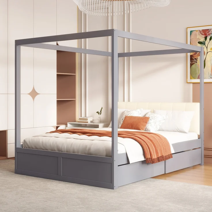 Himmelbett140*200 cm mit großen Schubladen und weicher Rückenlehne, Holz bett Grau – Bild 2