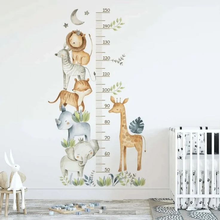 Montegoni Wandtattoo Kinder Wandsticker Dekoration, (Wandtattoos mit Waldtieren für Kinderzimmer,afrikanischen Tieren in der Höhe mit Blättern, Mond, Sternen, Messlineal Wandaufkleber),wasserdichte abnehmbare – Bild 1
