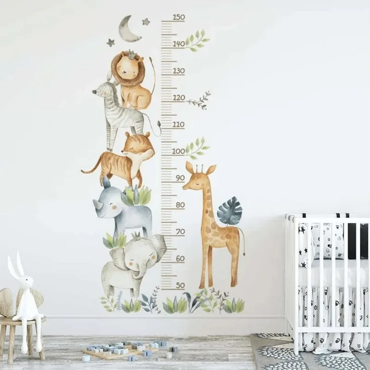 Montegoni Wandtattoo Kinder Wandsticker Dekoration, (Wandtattoos mit Waldtieren für Kinderzimmer,afrikanischen Tieren in der Höhe mit Blättern, Mond, Sternen, Messlineal Wandaufkleber),wasserdichte abnehmbare