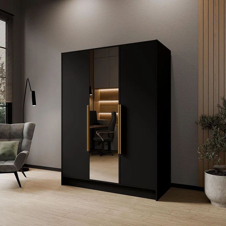 MEBLINI Kleiderschrank LUSINDA 150cm - Schwarz Matt - mit goldfarbenen Griffen - Drehtürenschrank mit einem Spiegel - Kleiderstangen und Regalböden – Bild 2
