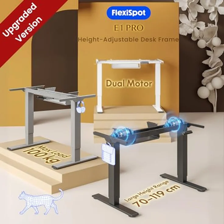 FLEXISPOT Höhenverstellbarer Schreibtisch Gestell, Elektrisch Tischbeine mit 2 Motoren & LED-Höhenanzeige & 4 Speicherfunktionen, inkl. 2 Haken & Kabelmanagement, Weiß – Bild 3