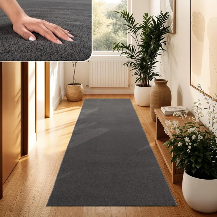 Paco Home Waschbarer Teppich Wohnzimmer Schlafzimmer Kurzflor rutschfest Flauschig Weich Moderne Einfarbige Muster, Grösse:80x300 cm, Farbe:Anthrazit