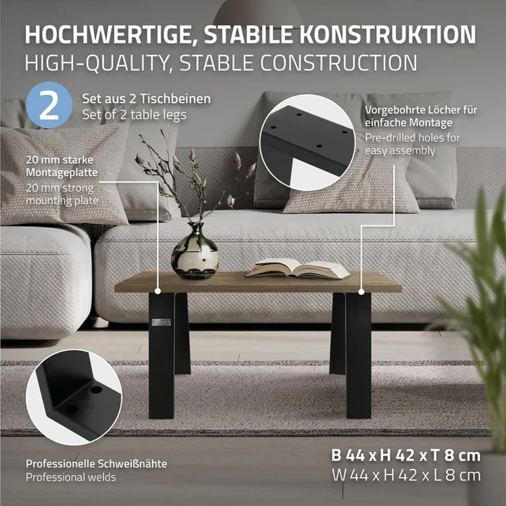 ML-DESIGN Tischbein Tischgestell Loft 2er Set aus Stahl Industriedesign U-Form, Tischkufen 75x72 cm Schwarz Profil 8x2cm Möbelfüße
