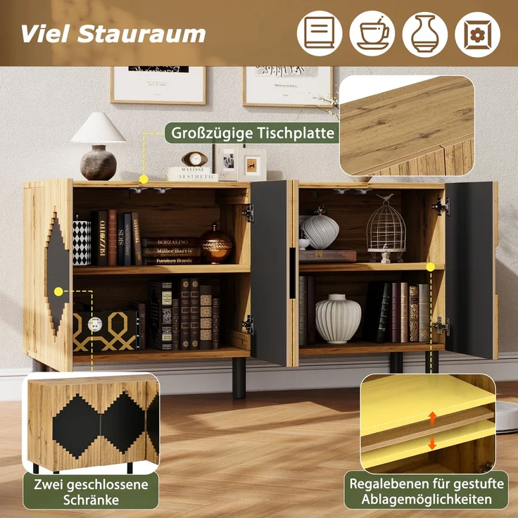 ZUBALIYA Sideboard 140x40x70 cm, mit 2 Türen, aus MDF / Spanplatte, Natur / Schwarz – Bild 6