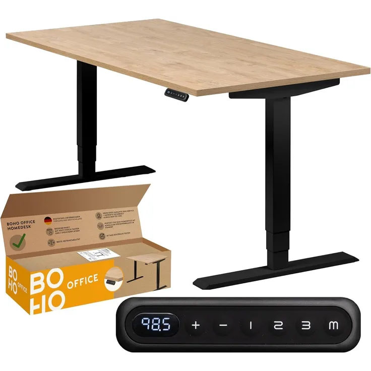 boho office® homedesk - elektrisch stufenlos höhenverstellbares Tischgestell in Schwarz mit Memoryfunktion, inkl. Tischplatte in 160x80 cm in Wildeiche