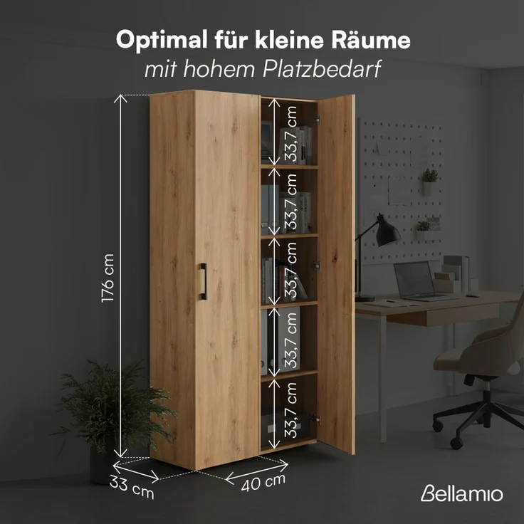 Bellamio 'Apol' Mehrzweckschrank schmal, Eichenoptik, 176x33x40 cm, Aktenschrank mit 5 Ablagefächern, Tür beidseitig montierbar – Bild 6