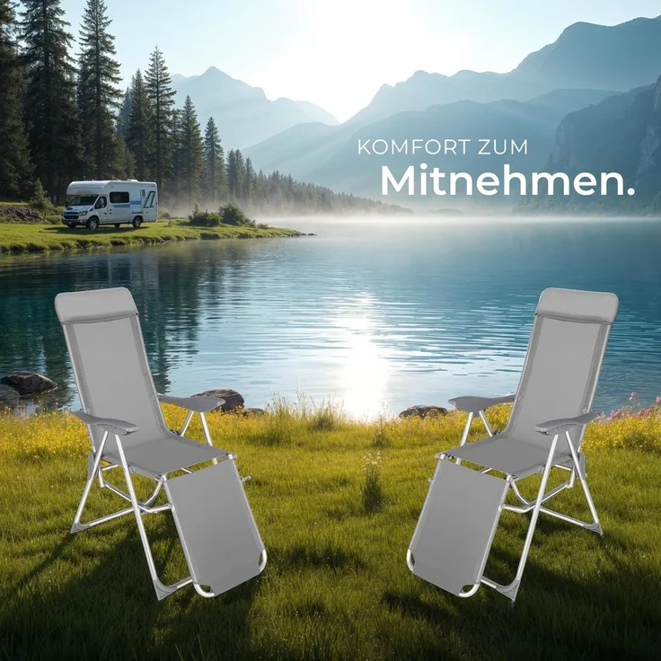 tectake® 2er Set Alu Sonnenliege Liegestuhl, Gartenstühle 5-Fach verstellbare Rückenlehne, Gartenliege mit Fußteil, leicht & klappbar, Relaxsessel mit Kopfpolster, für Camping Garten Balkon - grau – Bild 8