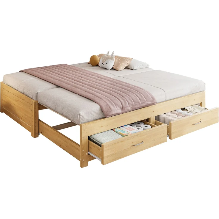 ZUBALIYA Tagesbett 90/180 × 190 cm, Holz, Ausziehbett, Schubladen, Lattenrost, Naturholz – Bild 10
