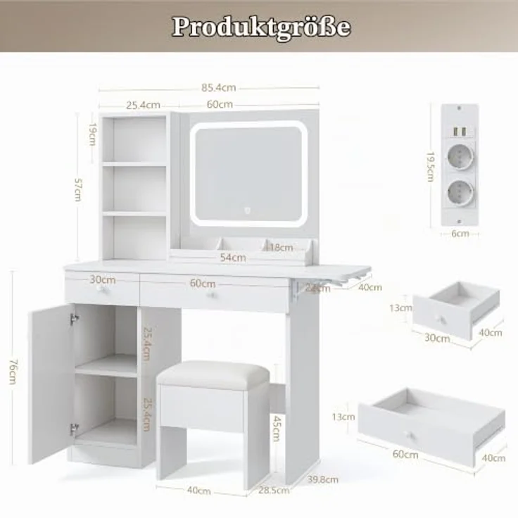 Jocoevol Schminktisch mit Spiegel und LED Beleuchtung,Steckdosenleiste,3 Farbtöne und Dimmbare Helligkeit, Kosmetiktisch mit 2 Schubladen und Aufbewahrungsschrank, Schminktisch für Schlafzimmer (Weiß) – Bild 2