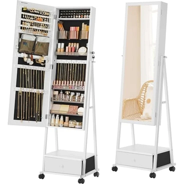 Songmics Schmuckschrank, Ganzkörperspiegel, Spiegelschrank, abschließbarer Schmuckorganizer mit Schublade, Rollen, 41,5 x 37 x 152,5 cm, Weiß – Bild 1