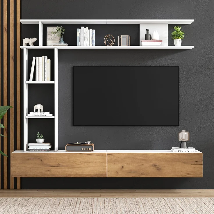 180*35*22.5cm TV Wohnwand-set mit Vitrinen,Mediawand inkl. TV-Board, Standregal und Wandregal,TV Wohnzimmermöbel-Set,TV-Schrank, stehend&hängend,TV bis 80',Weiß + Holzfarbe--Weiß + Eiche--95.99x36.5x16.99cm--YOUDENOVA – Bild 3