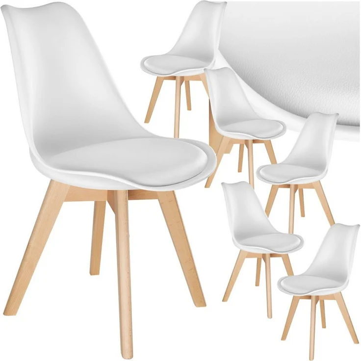 tectake Esszimmerstuhl Küchenstuhl Scandi-Design, gepolsterte Sitzfläche, 49 x 53 x 82 cm (Polsterstuhl Frederikke in weiß, 6 St), ergonomische Form, massive Holzbeine, bodenschonende Filzgleiter – Bild 1