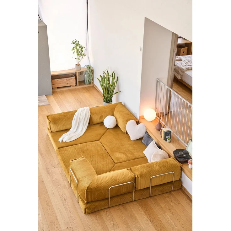 Ecksofa mit Schlaffunktion, 300 cm, Senfgelb | 100% Gerippter Plüschstoff, Abnehmbarer Bezug, 4 Kissen inklusive | Pfotenfreundlich & Stilvoll – Bild 5
