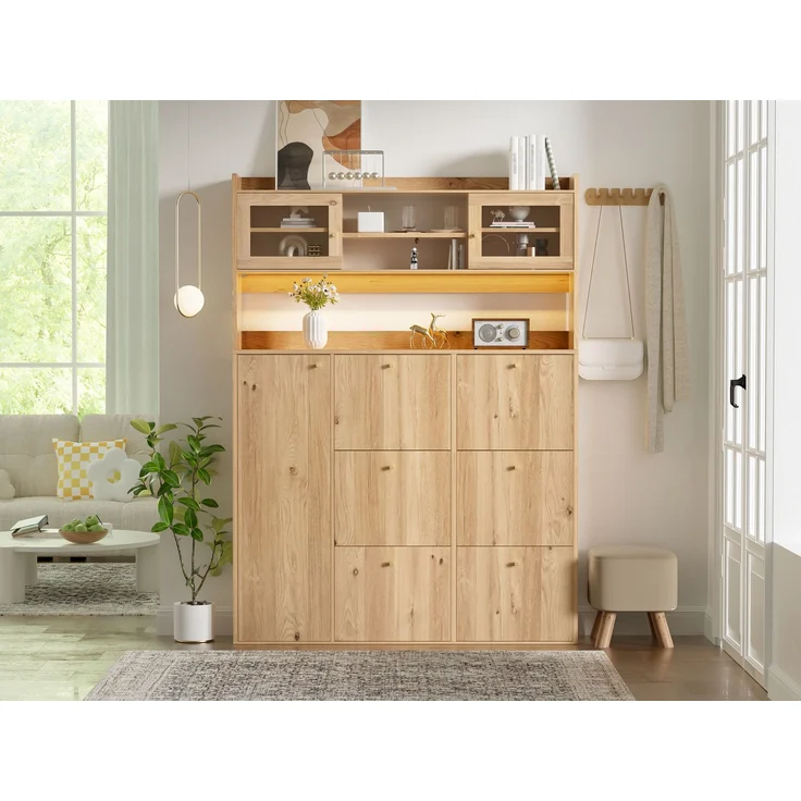 ZUBALIYA Schuhschrank (130 x 25 x 180 cm), 6 Klappfächer, LED - Beleuchtung, Stauraum für Flur und Eingangsbereich, Naturfarben – Bild 7