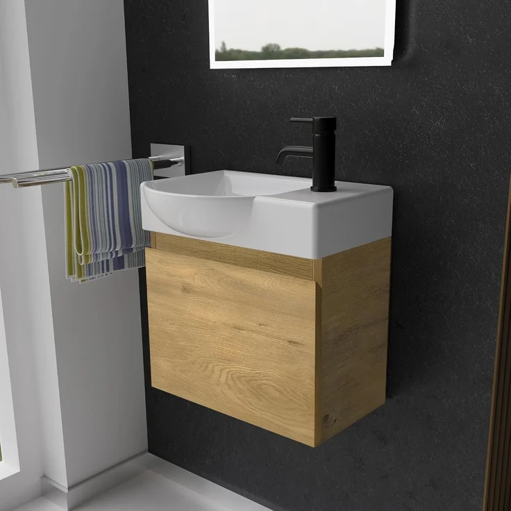 Alpenberger Badmöbel-Set - Gäste WC Waschbecken mit Unterschrank 45 cm Breit, (Badschrank 2-tlg, Waschtisch hängend), Waschbeckenunterschrank mit Softclose - Eiche Natur - Links Becken – Bild 1