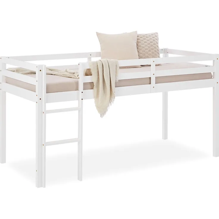 Homestyle4u Hochbett mit Leiter, Kiefer massiv, weiß, 90x200 cm