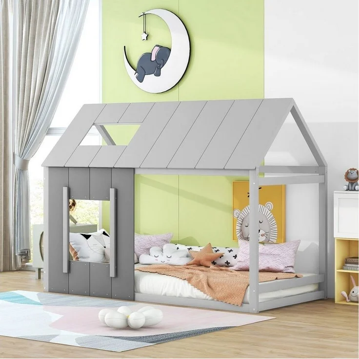 Flieks Kinderbett, Massivholz Einzelbett Hausbett mit Dach und Fenster 90x200cm – Bild 2