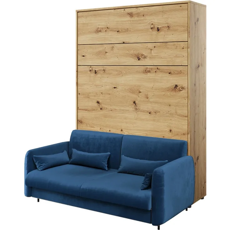 MEBLINI Schrankbett BC-01 - 140x200cm Vertikal - Artisan Eiche/Blau - mit Sofa - Wandbett mit Lattenrost - Klappbett mit Schrank - Wandklappbett - Murphy Bed