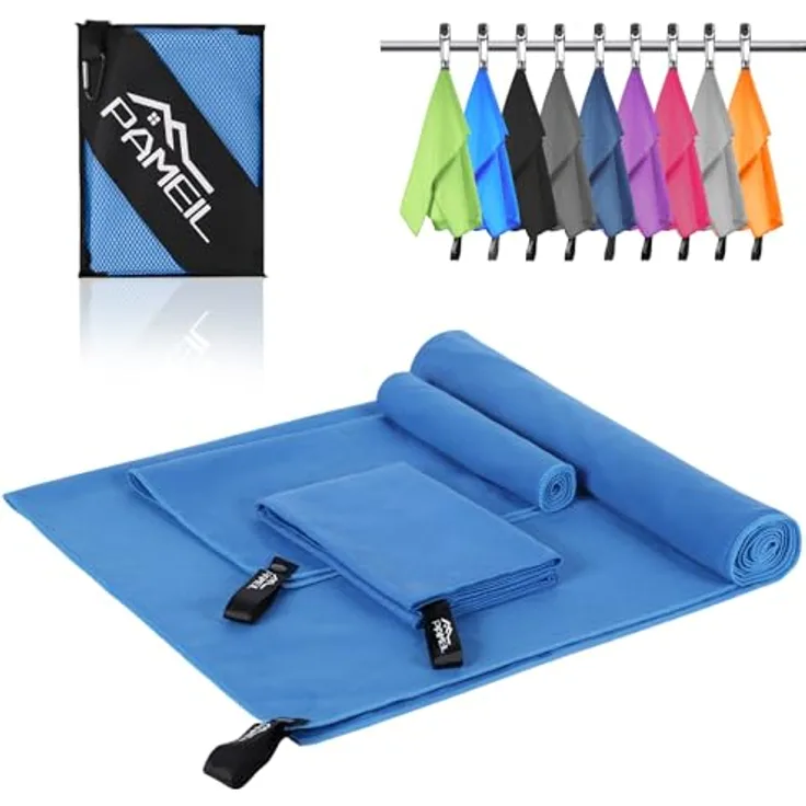 Pameil Mikrofaser Handtuch 3er Set, schnelltrocknend mit 1x 160x80cm Badetuch und 2x 80x40cm Handtüchern, ideal für Fitness und Sauna, blau