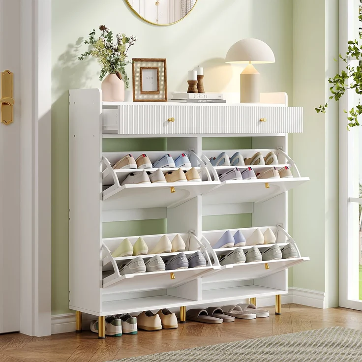ZUBALIYA Schuhschrank (106,5 x 25 x 105,5 cm), 4 Klappfächer und 2 Schubladen, Verstellbare Einlegeböden, Aus MDF und Spanplatte, Weiß – Bild 23