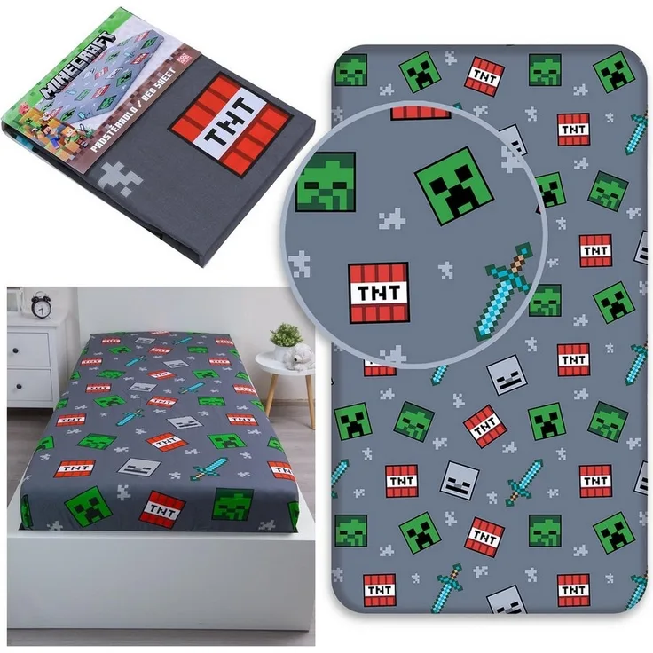 Sarcia. eu Spannbettlaken Minecraft Kinderbettlaken Grau 90x200+25cm mit Gummizug, Baumwolle