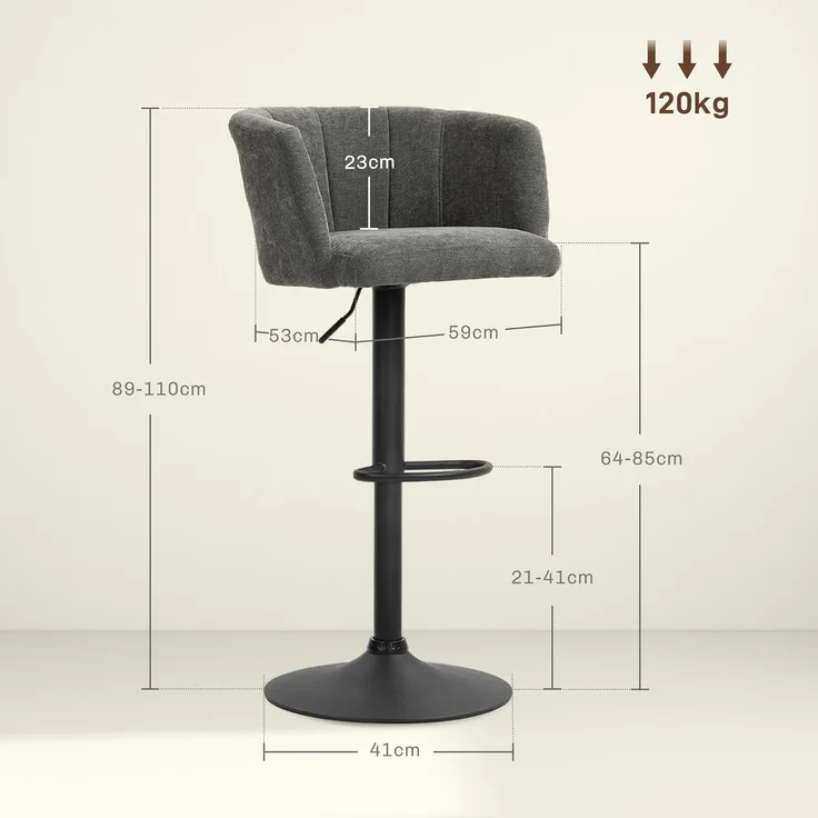 HOMCOM Barhocker 2er-Set, mit Fußstütze, drehbar, höhenverstellbar, mit Leinenbezug (Barstuhl, 2 St, Bistrohocker), für Wohnzimmer, Esszimmer, Dunkelgrau – Bild 7