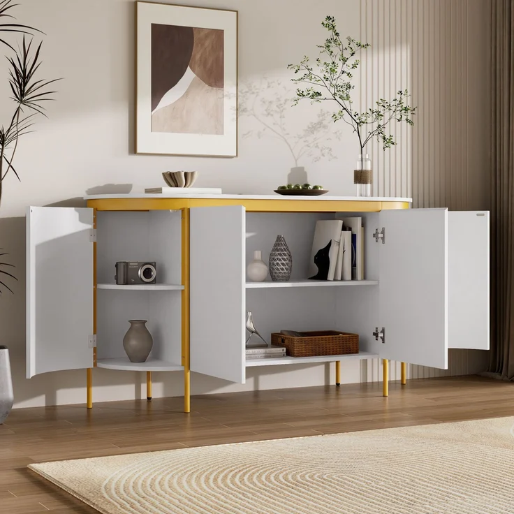 ZUBALIYA Sideboard 140x38x80 cm, mit 4 Türen, aus MDF, Weiß – Bild 8