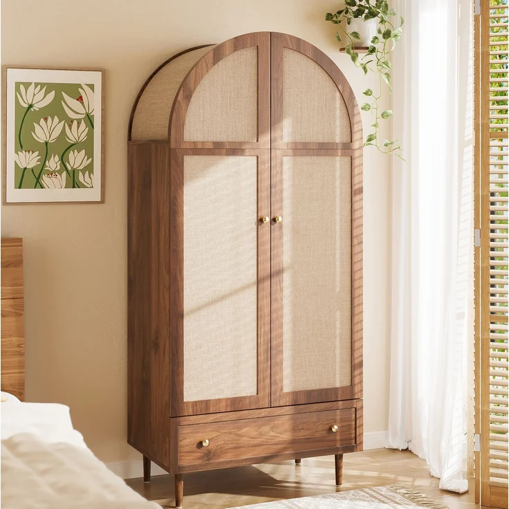 DESVIAE Garderobenschrank mit Stofftüren und Schublade 79x175x50 cm aus MDF in Holzfarbe – Bild 1