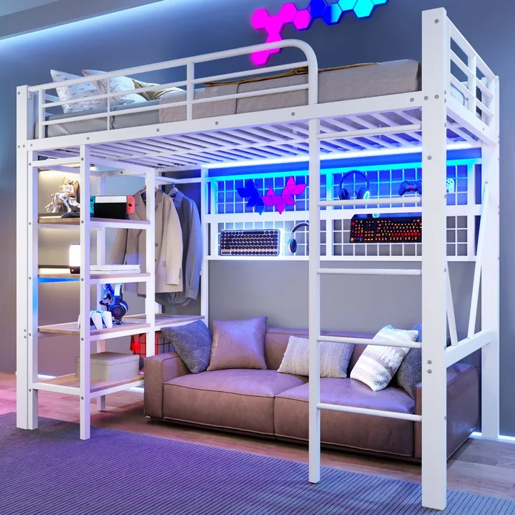 EINHOM Hochbett, 90 x 200 cm, Eisenrahmen, Ablagefach, Netz zum Aufhängen von Gegenständen, mit Kleiderstange, Offener Raum unter dem Bett, mit LED-Lichtleiste, Weiß (Ohne Matratze)