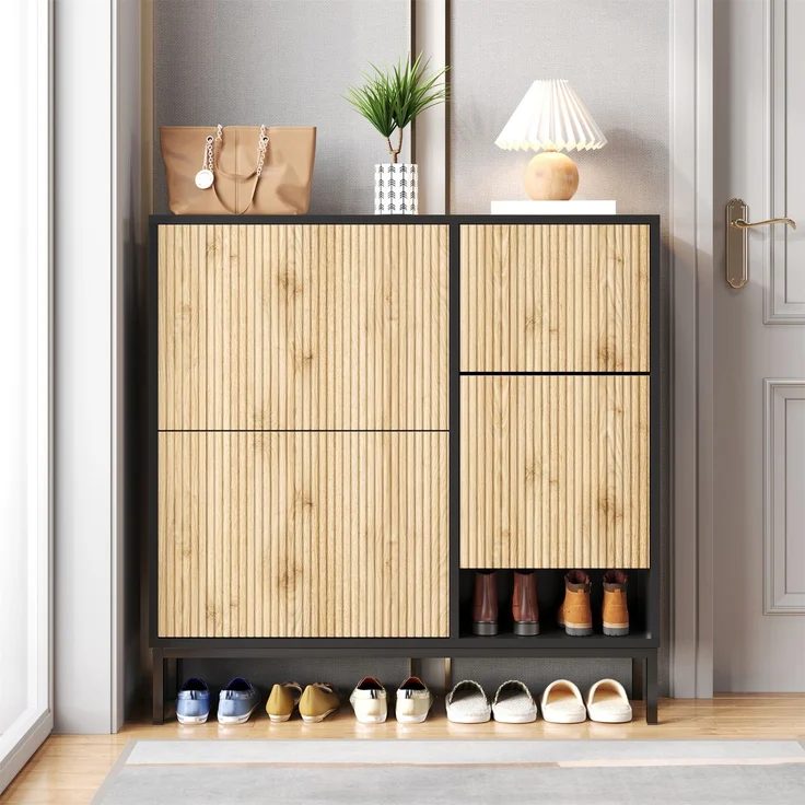 ZUBALIYA Schuhschrank (100 x 25 x 100 cm), 3 Klappfächer, Offener Stauraum, Stauraum für Flur und Eingangsbereich, Schwarz / Naturfarben – Bild 12