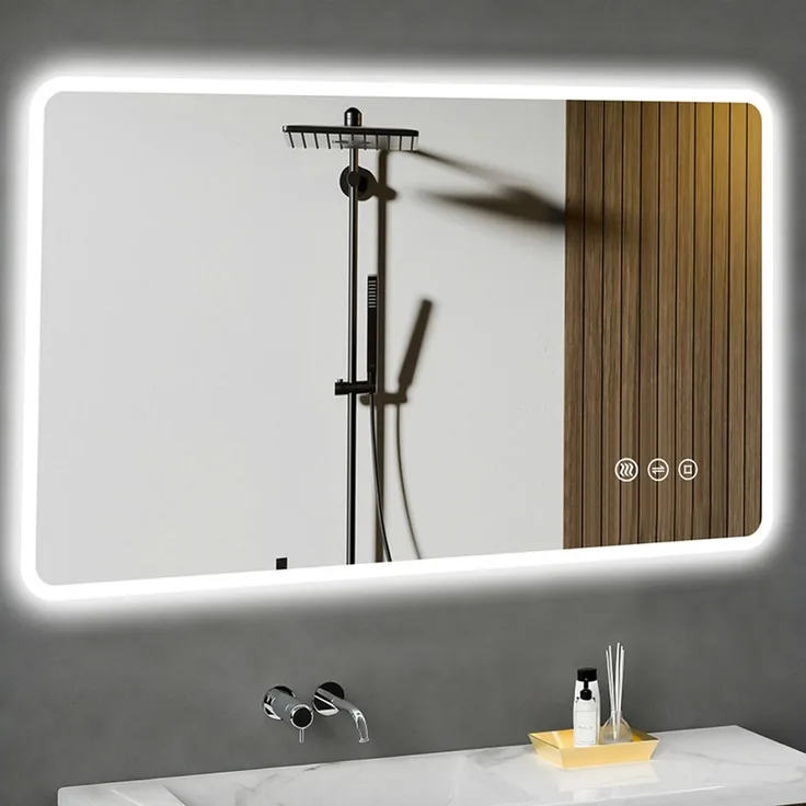 GIMBELEN LED Badezimmerspiegel 100x60 cm, rechteckiger Wandspiegel mit Beleuchtung, LED Touch-Schalter, 3 Lichtfarben, dimmbar, Anti-Beschlag, verre anti-explosion, IP44, horizontal/vertikal montierbar, Weiß