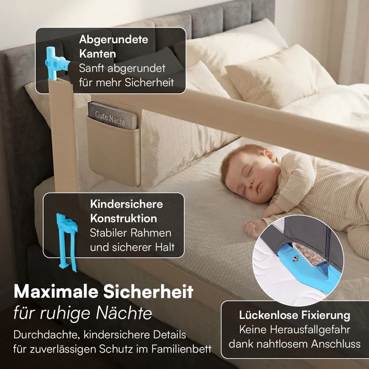 Bellabino 'Drina' Bettschutzgitter mit 2 Sicherheitsgurten, Rausfallschutz klappbar & höhenverstellbar, aus Oxford-Stoff & Metall, 200 cm, beige – Bild 5