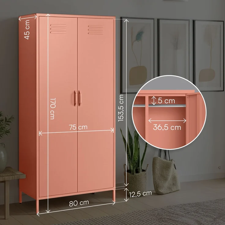 skølm 'Atria' Kleiderschrank, Metall, 170x45x80 cm, terrakotta, Garderobe mit 4 Fächern und 2 Kleiderstangen – Bild 6