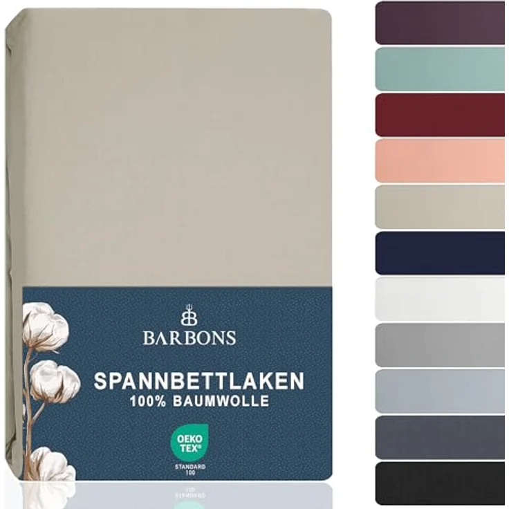 BARBONS Spannbettlaken 120x200 cm - 100% Baumwolle Spannbetttuch Oeko-TEX Zertifiziert Bettlaken Jersey Bettwaren und Bettbezug für Boxspringbett und Dicke Matratzen bis 27 cm - Sand 120x200 – Bild 2