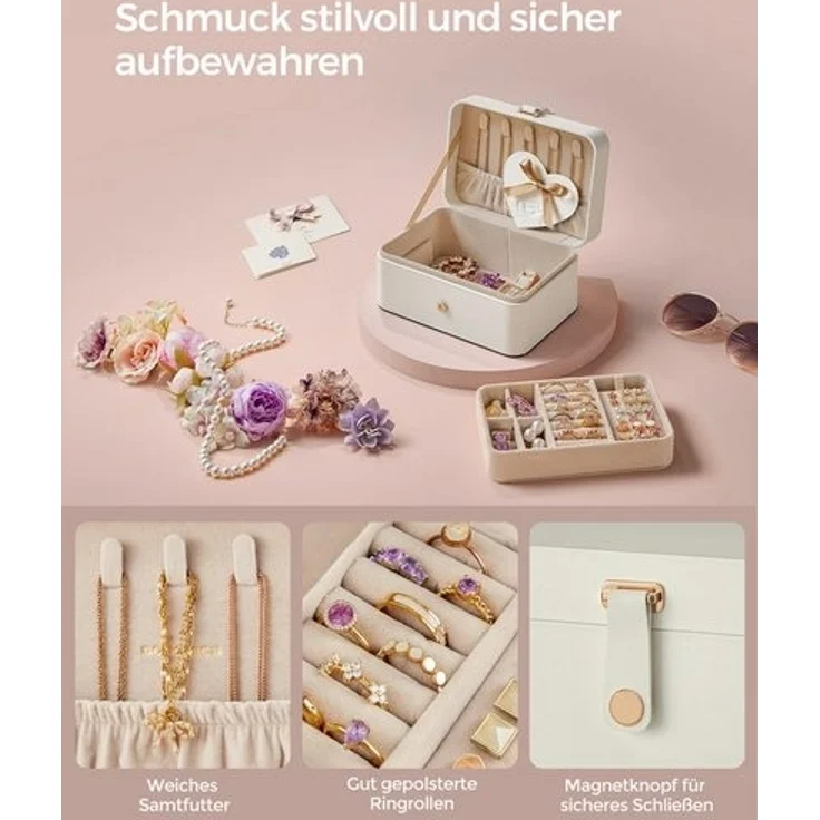 SONGMICS Schmuckkästchen Reise, Schmuckkasten klein, 2 Ebenen Schmuckaufbewahrung, tragbar, Schmuck-Reiseetui, für größere Accessoires, 11 x 16 x 8 cm, Geschenkidee, Weihnachten, wolkenweiß JBC166W01 – Bild 5