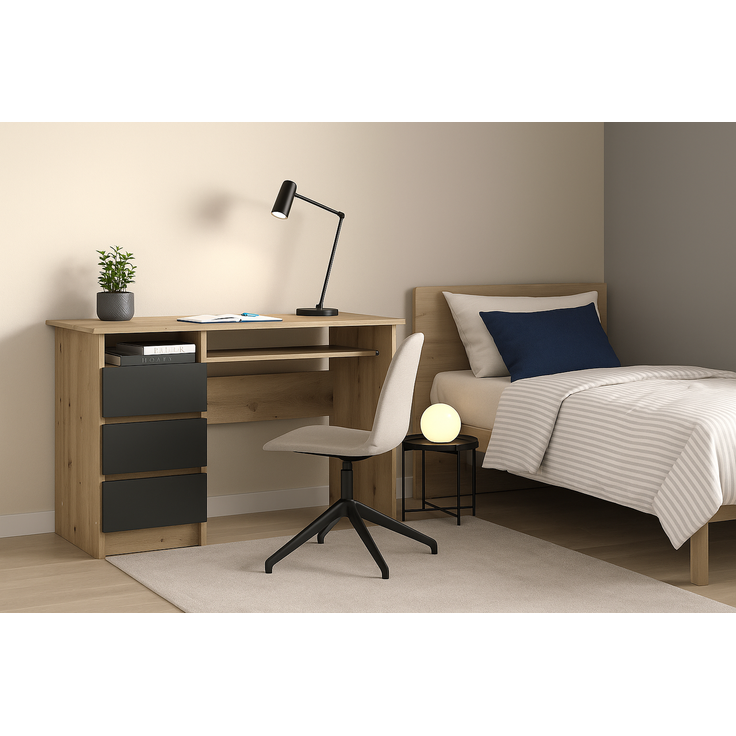 Shefa Schreibtisch CINA 90x50 cm Computertisch mit 3 Schubladen Graphit Artisan Eiche