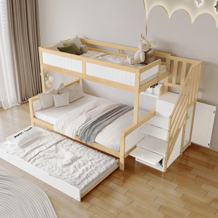 Merax 90x200&120*200cm Etagenbett, Kinderbett, mit Fallschutz und Gitter, Entworfen mit drei Bettpositionen, mit Rollbett, mit Kleiderschrank, Ecktreppe, Kiefer+MDF, Weiß+Natur – Bild 3
