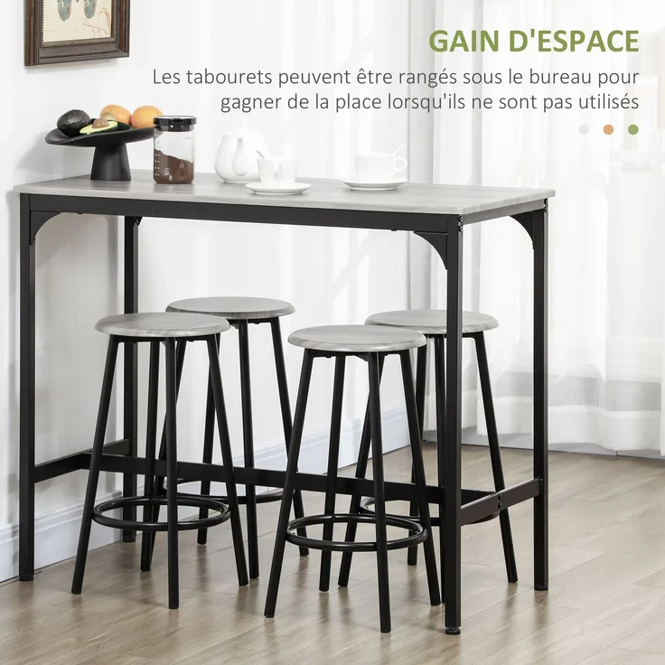 Stehtisch mit 4 Hockern, Fußstützen, schwarzes Metall und Holzoptik, für Küche und Esszimmer, Cecodadi – Bild 7