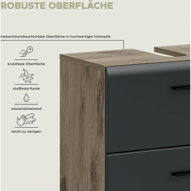 xonox. home – Waschbeckenunterschrank Ice 60 x 55 x 30 cm in Korpus Nox Oak Nachbildung und Front schwarz matt – Moderner Badschrank Unterschrank für Waschbecken – warm & natürlich – Bild 9