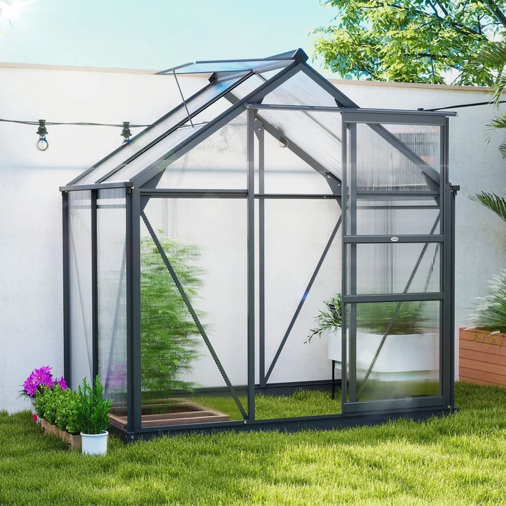 Wohnora-Gewächshaus aus Polycarbonat, 190 x 132 x 201 cm, UV-beständig 30+, verstärktes Fundament, Dachrinne, grau,H 2010cm x T 1350cm x B 1320cm – Bild 2