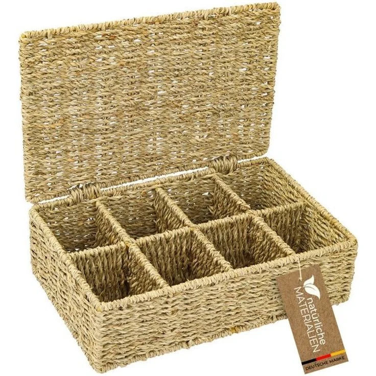 HMF Teebox Teebox für Teebeutel geflochten aus Seegras, Seegras, Tee Aufbewahrungsbox mit 8 großen Fächern, 33 x 21 x 10 cm – Bild 4