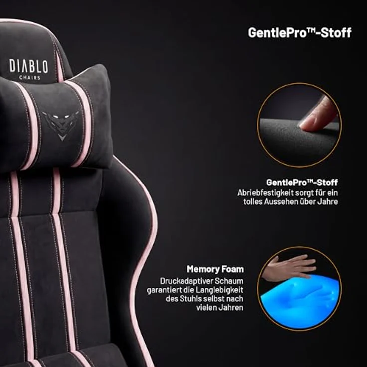 Diablo Gaming Stuhl ergonomisch Stoff Kinder Jugend Drehstuhl mit Lendenkissen Kopfstütze 3D Armlehnen verstellbar bis 140 Grad Bürostuhl klein Akira Pink – Bild 6