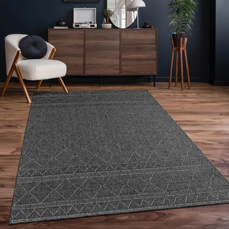 Paco Home In-& Outdoor Teppich Balkon Terrasse Küchenteppich Modernes Boho Ethno Muster, Grösse:80x250 cm, Farbe:Anthrazit 2 – Bild 1