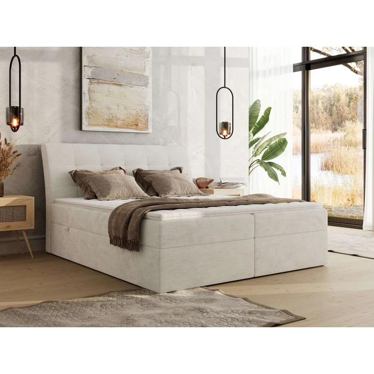 Boxspringbett DAGOS 200x200 cm mit Kopfteil, Lattenrost und Stauraum – Doppelbett mit Matratze & Topper T25 , stabile Konstruktion, Bettkasten, modernes Design - Creme Schenille glatt - H3 – Bild 1