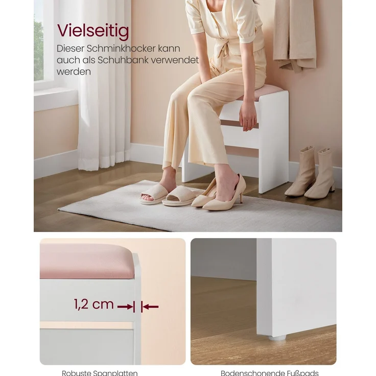 VASAGLE Hocker Schminktisch, Sitzhocker gepolstert, Makeup-Hocker aus Samt, mit rutschfesten Fußpads, für Ankleidezimmer, Schlafzimmer, Eingangsbereich, mattweiß-pastellrosa RDS001W01 – Bild 2