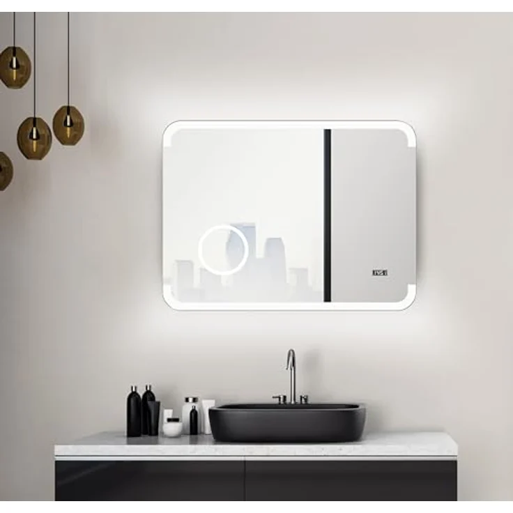 Talos LED Badspiegel Harmony, 80 x 60 cm mit hinterleuchtetem Raumlicht, beleuchtetem Kosmetikspiegel mit 3-fach Vergrößerung, Digitaluhr, hochwertigem Aluminiumrahmen, feuchtraumgeeignet – Bild 4